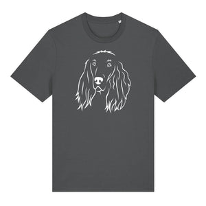 White outline illustration of the head of an Irish Red Setter on the front of an anthracite grey unisex t-shirt