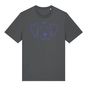 Blue outline illustration of the head of a Rhodesian Ridgeback on the front of an anthracite grey unisex t-shirt