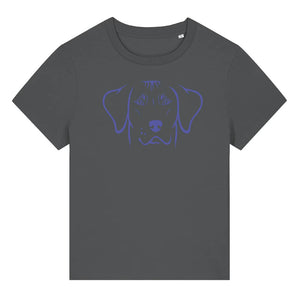 Blue outline illustration of the head of a Rhodesian Ridgeback on the front of an anthracite grey ladies t-shirt