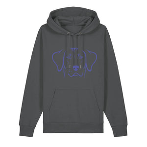 Blue outline illustration of the head of a Rhodesian Ridgeback on the front of an anthracite grey unisex Hoodie
