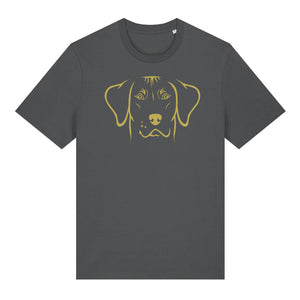 Gold outline illustration of the head of a Rhodesian Ridgeback on the front of an anthracite grey unisex t-shirt