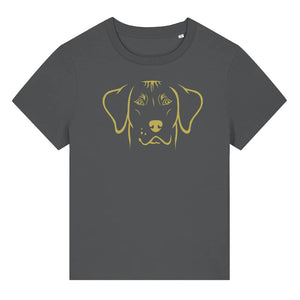 Gold outline illustration of the head of a Rhodesian Ridgeback on the front of an anthracite grey ladies t-shirt