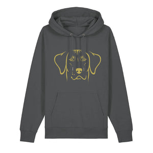 Gold outline illustration of the head of a Rhodesian Ridgeback on the front of an anthracite grey unisex Hoodie