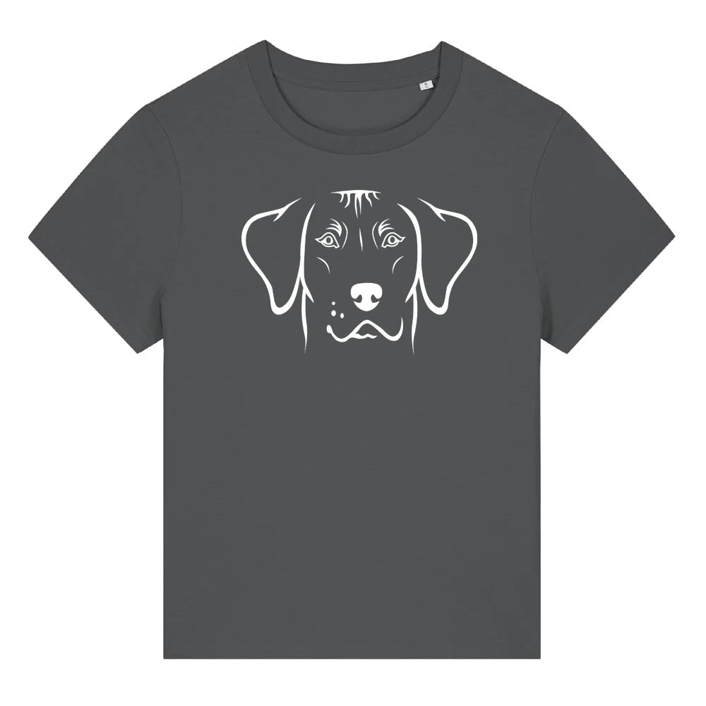 White outline illustration of the head of a Rhodesian Ridgeback on the front of an anthracite grey ladies t-shirt
