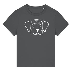 White outline illustration of the head of a Rhodesian Ridgeback on the front of an anthracite grey ladies t-shirt