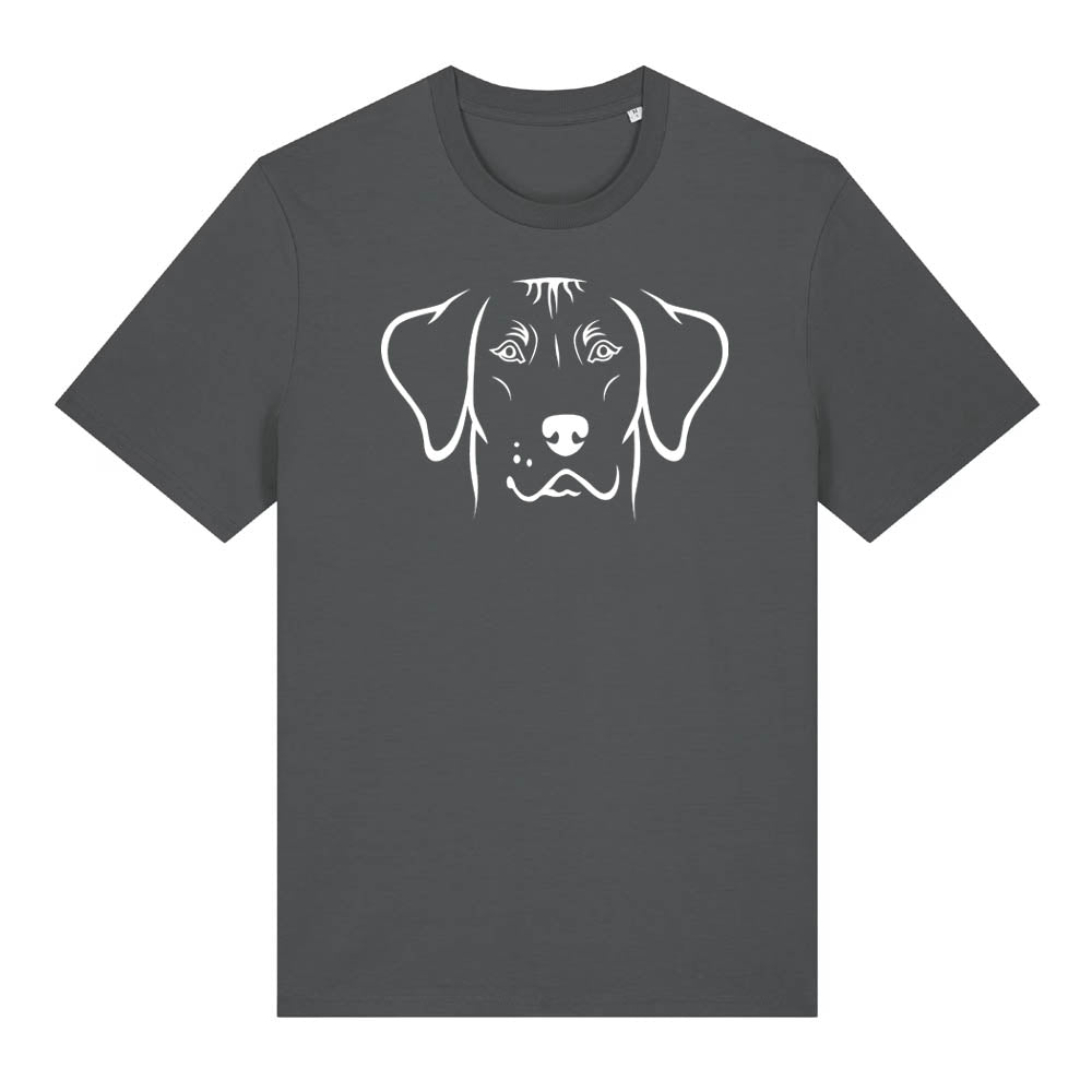 White outline illustration of the head of a Rhodesian Ridgeback on the front of an anthracite grey unisex t-shirt