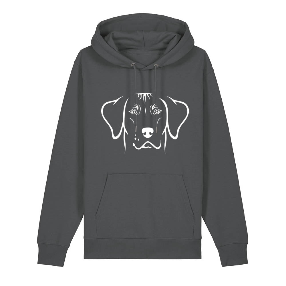 White outline illustration of the head of a Rhodesian Ridgeback on the front of an anthracite grey unisex Hoodie