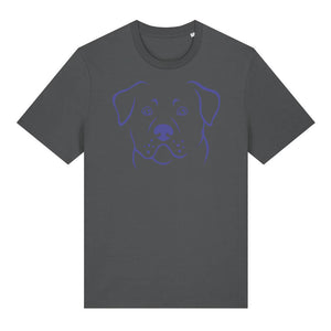 Blue outline illustration of the head of a Rottweiler on the front of an anthracite grey unisex t-shirt