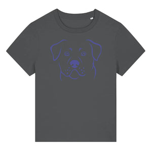 Blue outline illustration of the head of a Rottweiler on the front of an anthracite grey ladies t-shirt