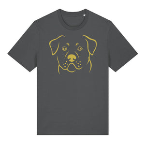 Gold outline illustration of the head of a Rottweiler on the front of an anthracite grey unisex t-shirt