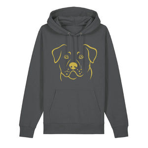 Gold outline illustration of the head of a Rottweiler on the front of an anthracite grey unisex Hoodie
