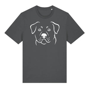 White outline illustration of the head of a Rottweiler on the front of an anthracite grey unisex t-shirt