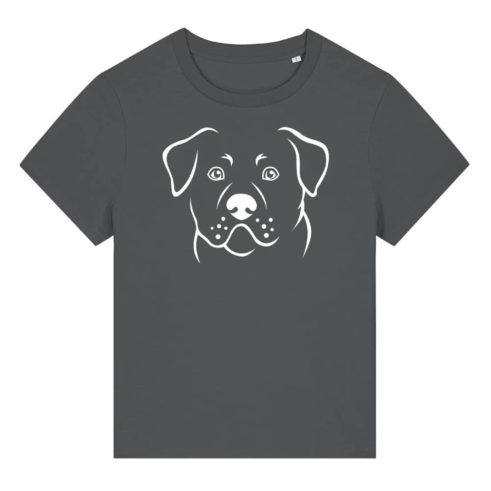 White outline illustration of the head of a Rottweiler on the front of an anthracite grey ladies t-shirt