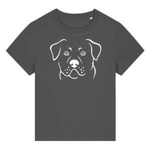 White outline illustration of the head of a Rottweiler on the front of an anthracite grey ladies t-shirt