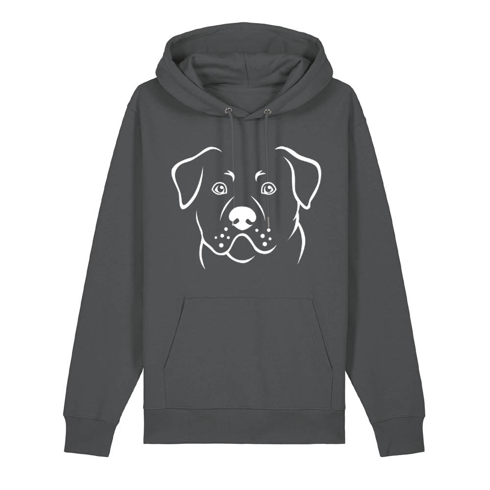 White outline illustration of the head of a Rottweiler on the front of an anthracite grey unisex Hoodie