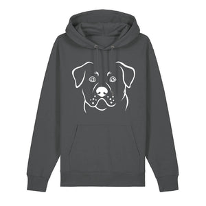 White outline illustration of the head of a Rottweiler on the front of an anthracite grey unisex Hoodie