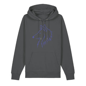 Blue outline illustration of the head of a Rough Collie on the front of an anthracite grey unisex Hoodie