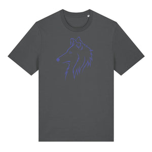 Blue outline illustration of the head of a Rough Collie on the front of an anthracite grey unisex t-shirt