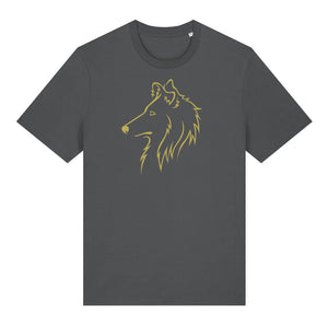 Gold outline illustration of the head of a Rough Collie on the front of an anthracite grey unisex t-shirt