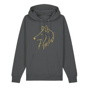 Gold outline illustration of the head of a Rough Collie on the front of an anthracite grey unisex Hoodie
