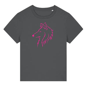 Magenta outline illustration of the head of a Rough Collie on the front of an anthracite grey ladies t-shirt
