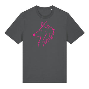 Magenta outline illustration of the head of a Rough Collie on the front of an anthracite grey unisex t-shirt