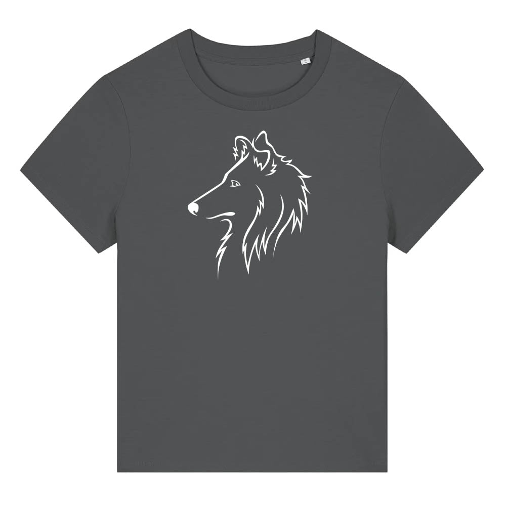 White outline illustration of the head of a Rough Collie on the front of an anthracite grey ladies t-shirt