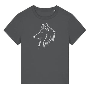 White outline illustration of the head of a Rough Collie on the front of an anthracite grey ladies t-shirt