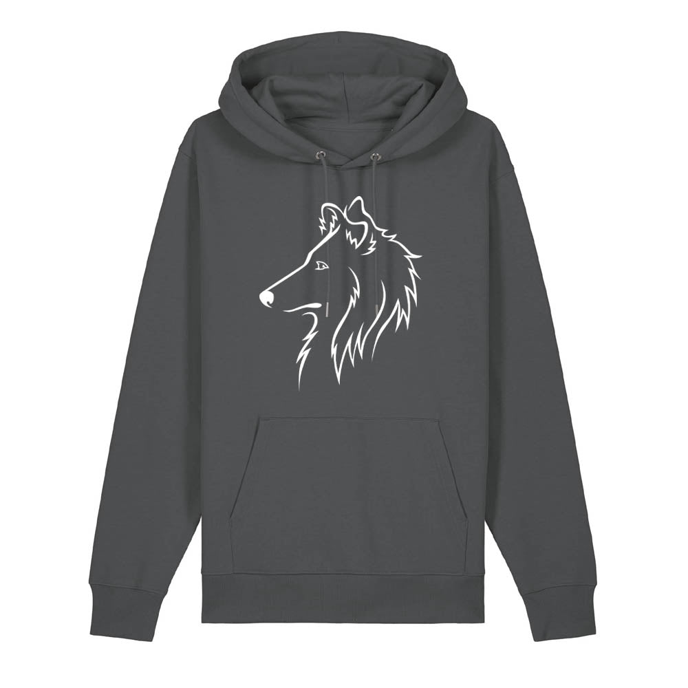 White outline illustration of the head of a Rough Collie on the front of an anthracite grey unisex Hoodie