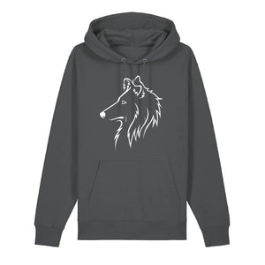 White outline illustration of the head of a Rough Collie on the front of an anthracite grey unisex Hoodie