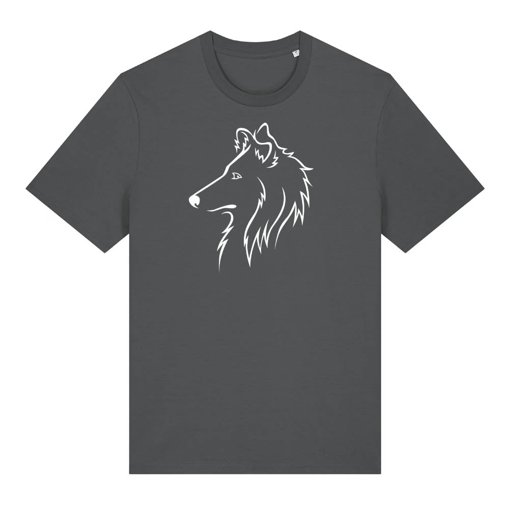 White outline illustration of the head of a Rough Collie on the front of an anthracite grey unisex t-shirt