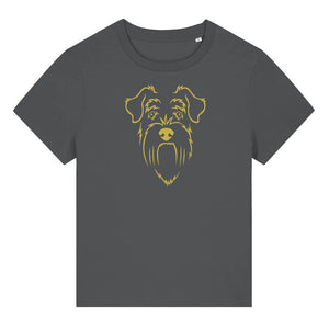 Gold outline illustration of the head of a Schnauzer on the front of an anthracite grey ladies t-shirt