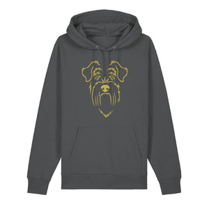 Gold outline illustration of the head of a Schnauzer on the front of an anthracite grey unisex Hoodie
