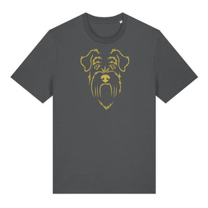 Gold outline illustration of the head of a Schnauzer on the front of an anthracite grey unisex t-shirt