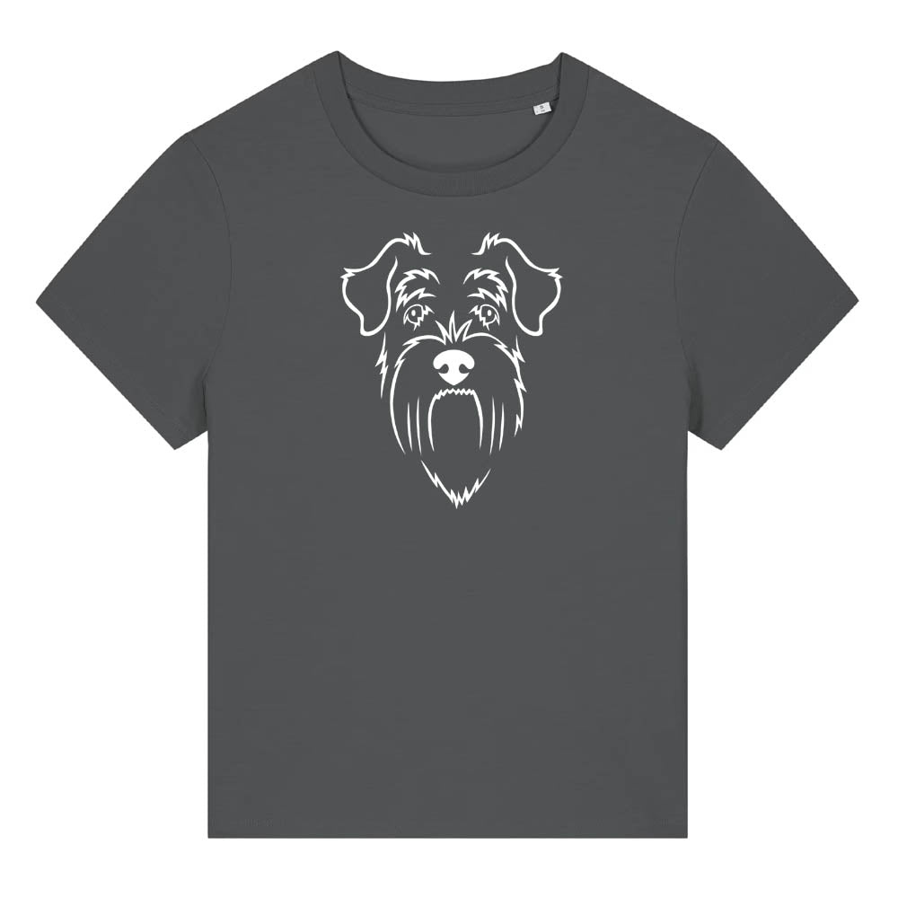 White outline illustration of the head of a Schnauzer on the front of an anthracite grey ladies t-shirt