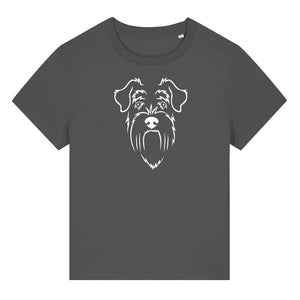 White outline illustration of the head of a Schnauzer on the front of an anthracite grey ladies t-shirt