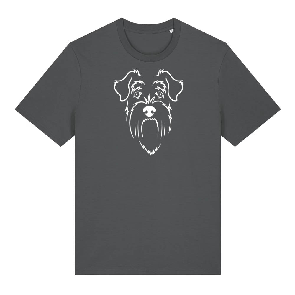 White outline illustration of the head of a Schnauzer on the front of an anthracite grey unisex t-shirt