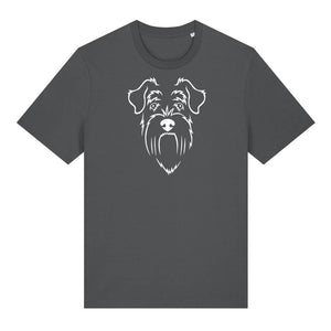 White outline illustration of the head of a Schnauzer on the front of an anthracite grey unisex t-shirt