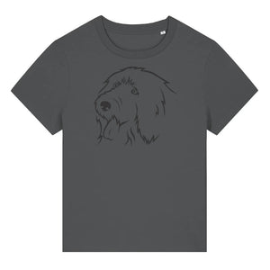 Black outline illustration of the head of an Old English Sheepdog on the front of an anthracite grey ladies t-shirt