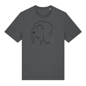 Black outline illustration of the head of an Old English Sheepdog on the front of an anthracite grey unisex t-shirt