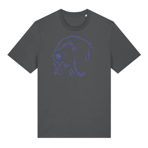 Blue outline illustration of the head of an Old English Sheepdog on the front of an anthracite grey unisex t-shirt