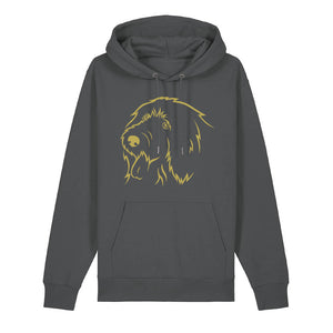 Gold outline illustration of the head of an Old English Sheepdog on the front of an anthracite grey unisex Hoodie