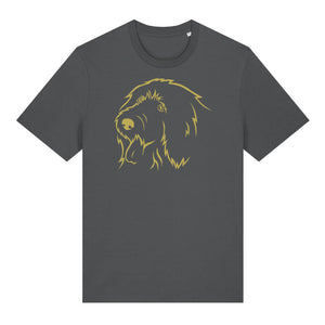 Gold outline illustration of the head of an Old English Sheepdog on the front of an anthracite grey unisex t-shirt