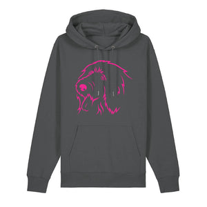 Magenta outline illustration of the head of an Old English Sheepdog on the front of an anthracite grey unisex Hoodie