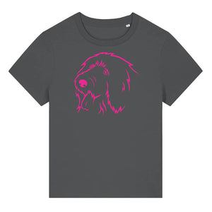 Magenta outline illustration of the head of an Old English Sheepdog on the front of an anthracite grey ladies t-shirt