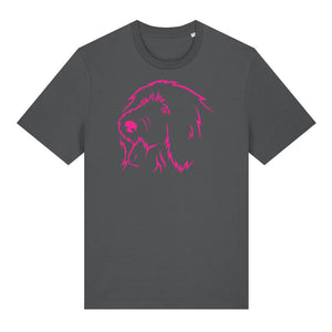 Magenta outline illustration of the head of an Old English Sheepdog on the front of an anthracite grey unisex t-shirt