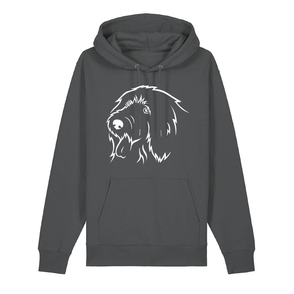 White outline illustration of the head of an Old English Sheepdog on the front of an anthracite grey unisex Hoodie