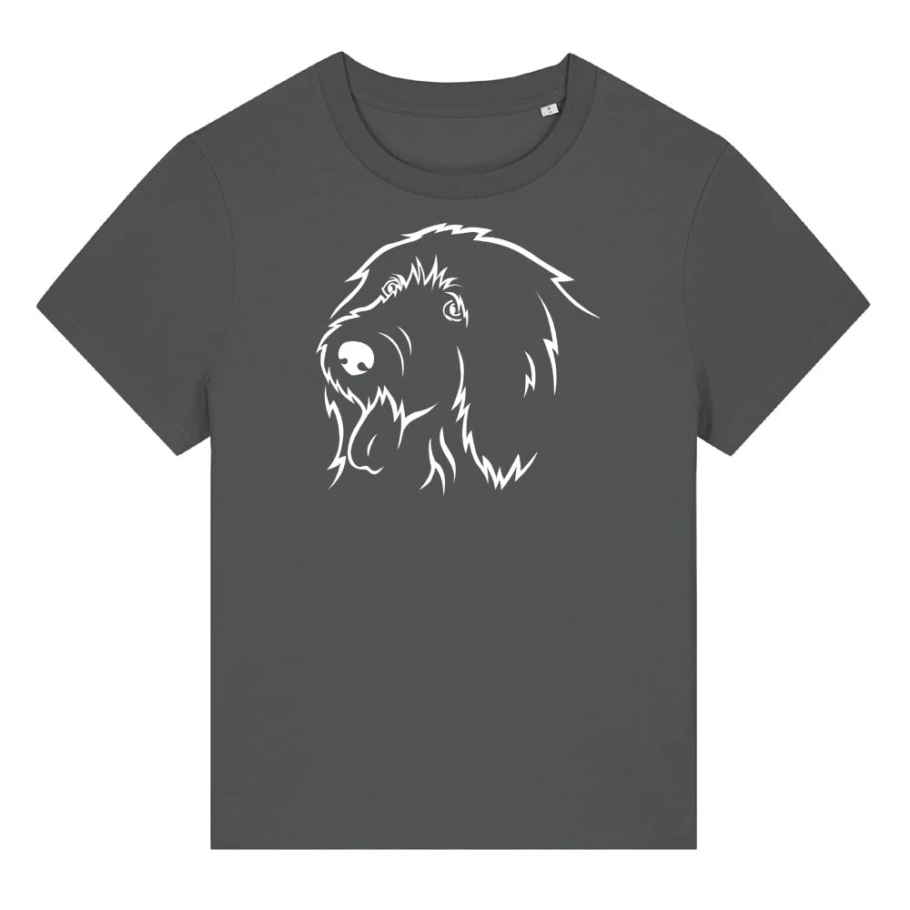 White outline illustration of the head of an Old English Sheepdog on the front of an anthracite grey ladies t-shirt