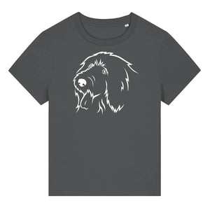 White outline illustration of the head of an Old English Sheepdog on the front of an anthracite grey ladies t-shirt