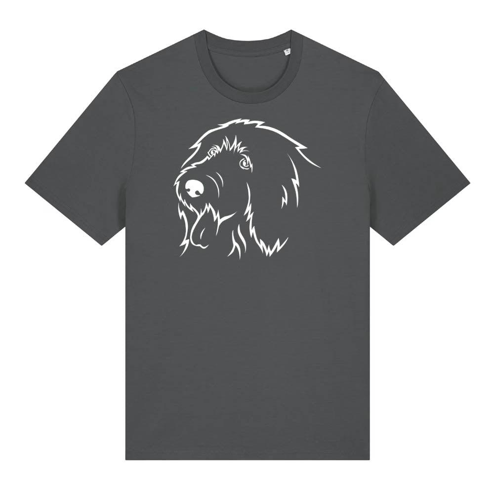 White outline illustration of the head of an Old English Sheepdog on the front of an anthracite grey unisex t-shirt